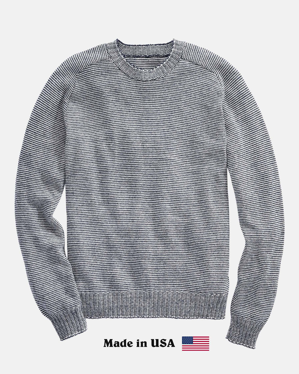 Whalerknits Westport Crewneck Saddle Shoulder Pullover: Fine-striped gray sweater laid flat, showing its saddle shoulders, with Made in USA text and flag below. #Color_Natural / Navy