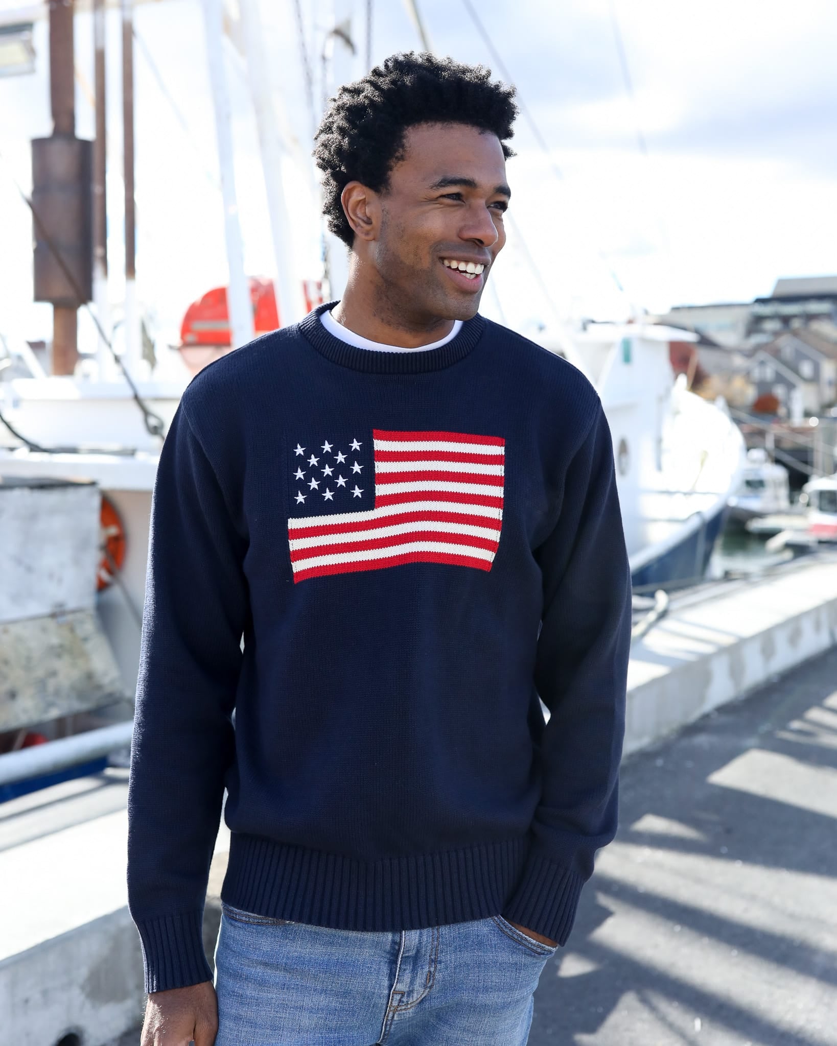 American flag crewneck, New Bedford harbor