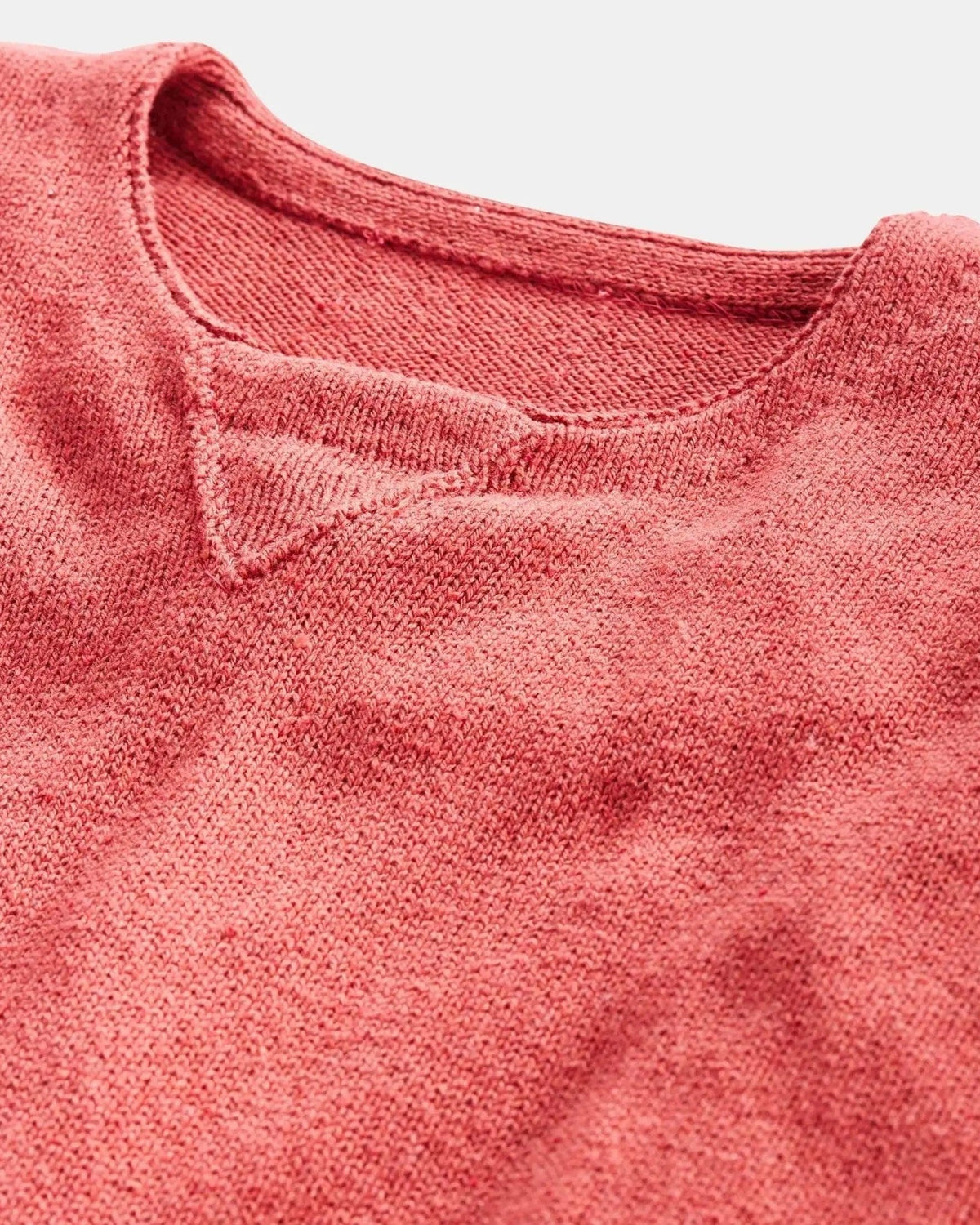 Whalerknits Chatham Jersey Sweatshirt Pullover: Close-up of the Nantucket Red neckline, triangular insert and jersey-knit texture.