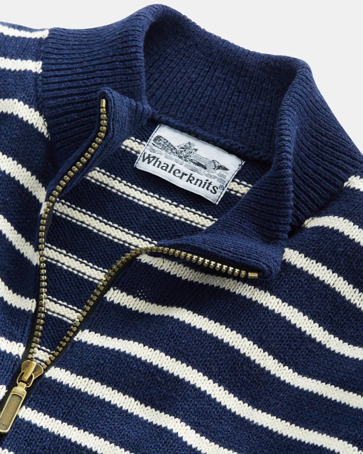 Whalerknits Nantucket Classic 1/4 Zip Sweater: Close-up of the navy and natural striped stand collar, zipper and Whalerknits label.
