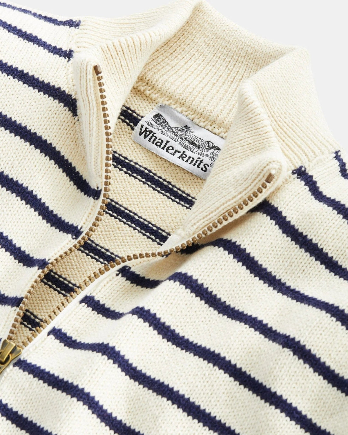 Whalerknits Nantucket Classic 1/4 Zip Sweater: Close-up of the natural and navy striped collar, brass-colored zipper and Whalerknits label.