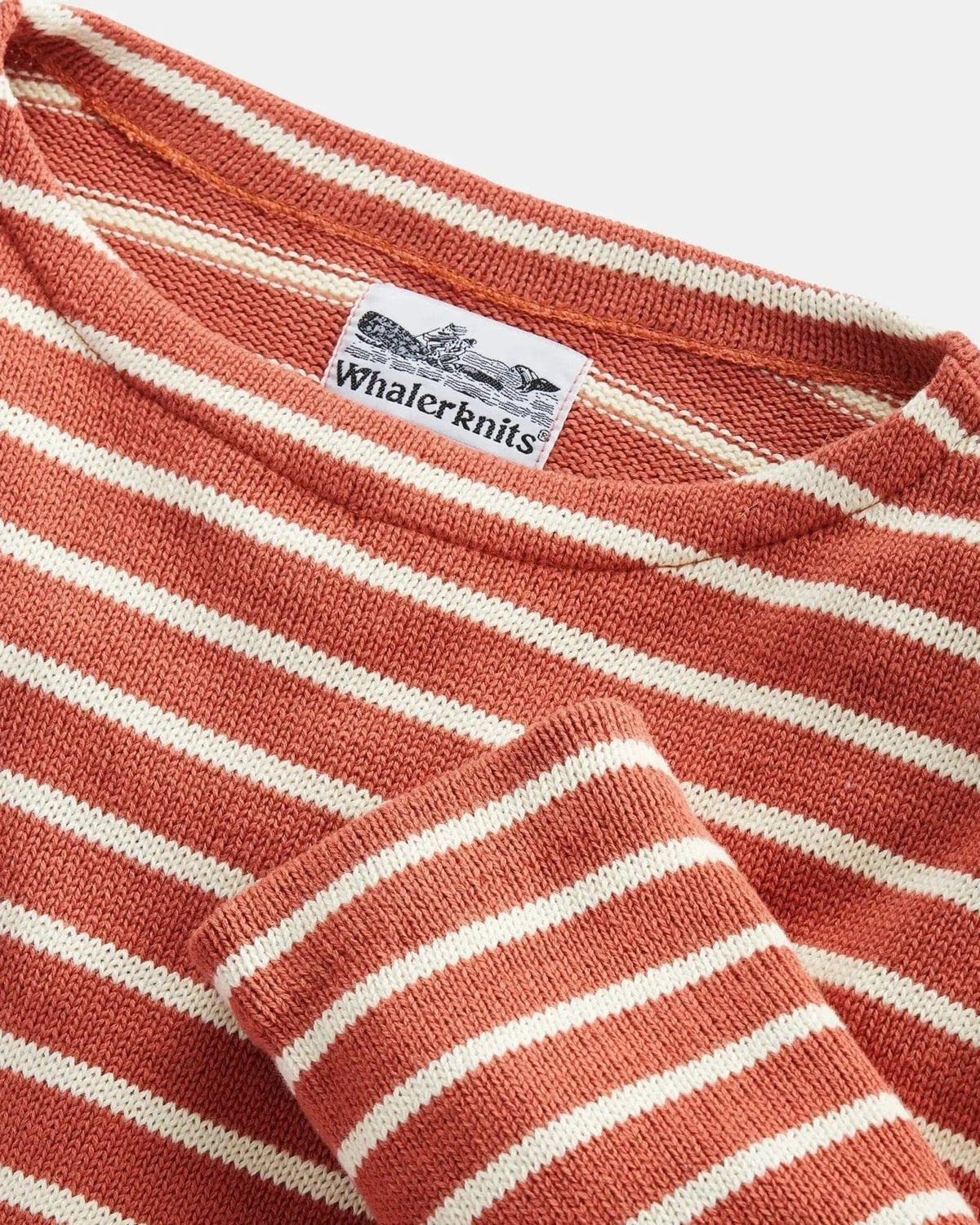 Whalerknits Nantucket Classic Boatneck Sweater: Close-up of the red and natural striped boat neckline, cuff and Whalerknits label.