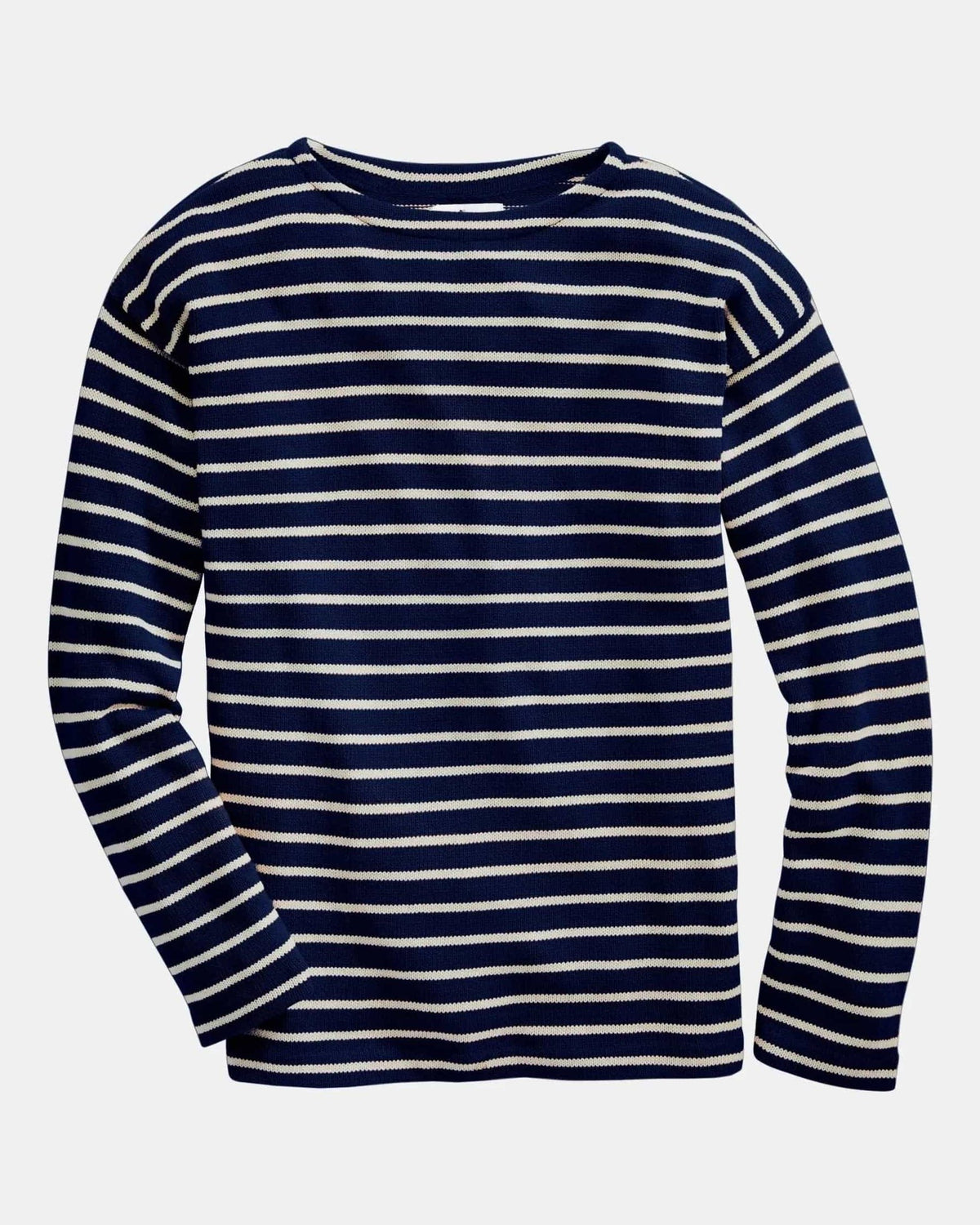 Whalerknits Nantucket Classic Boatneck Sweater: Navy sweater with natural stripes laid flat with long sleeves and a boat neckline. #Color_Navy / Natural