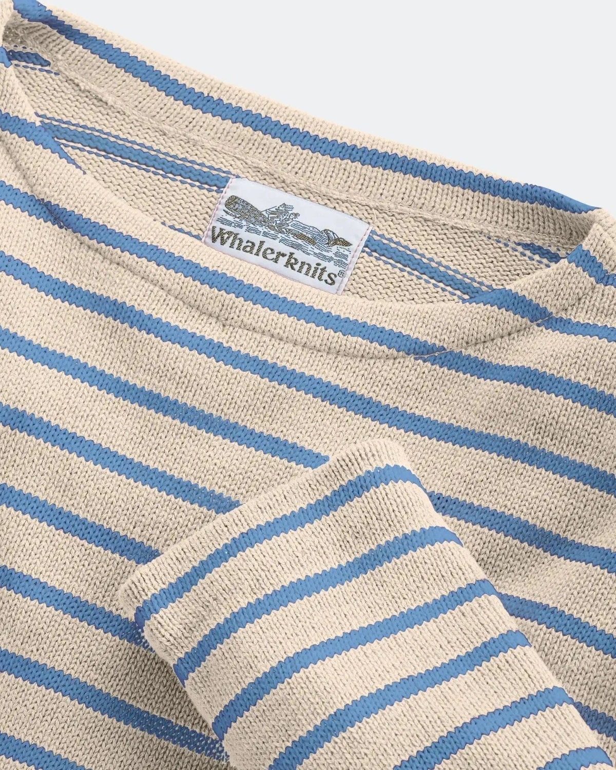 Whalerknits Nantucket Classic Boatneck Sweater: Close-up of the natural and blue striped boat neckline, cuff and label.