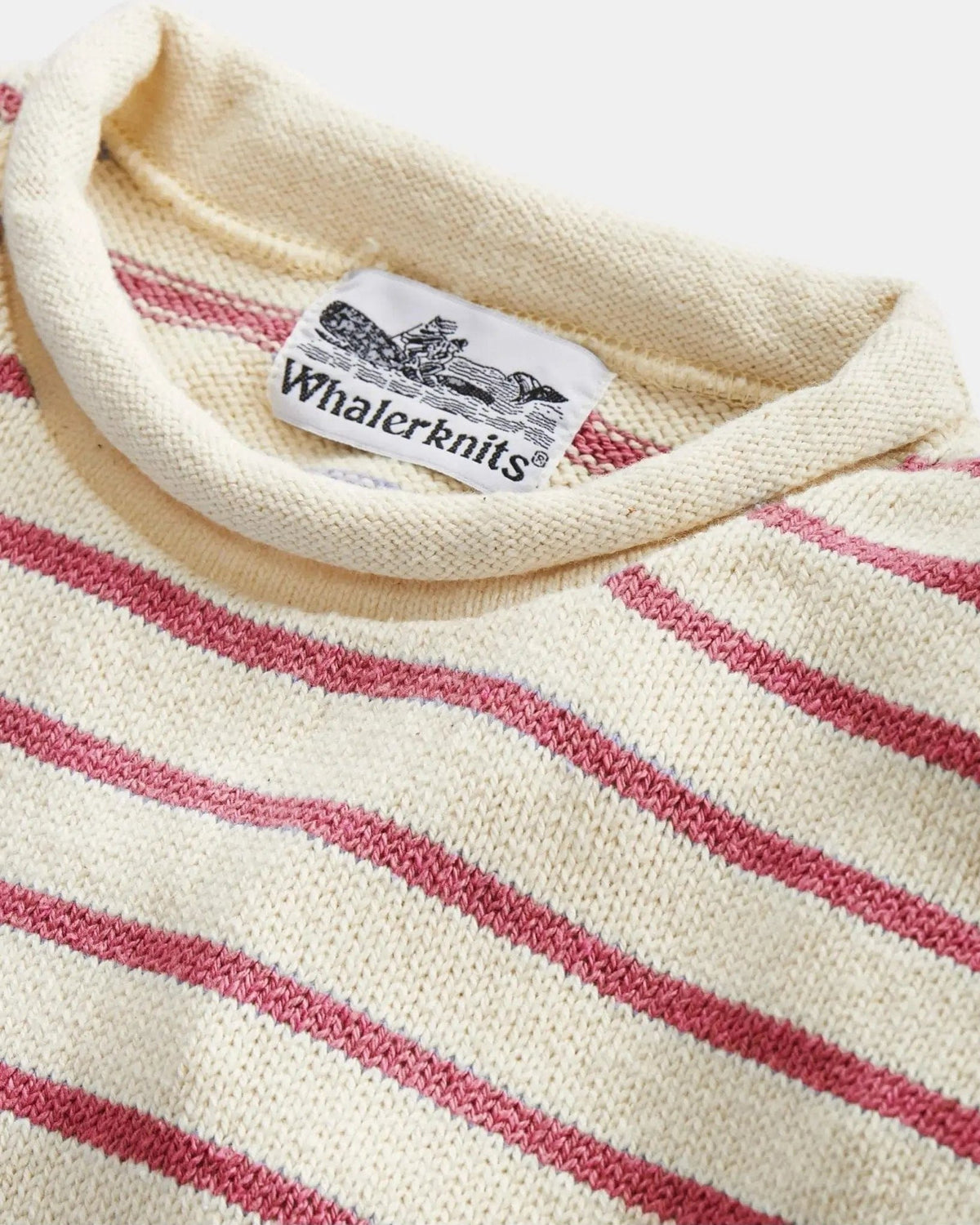 Whalerknits Nantucket Rollneck Sweater: Close-up of the natural and red striped rolled neckline and Whalerknits label.