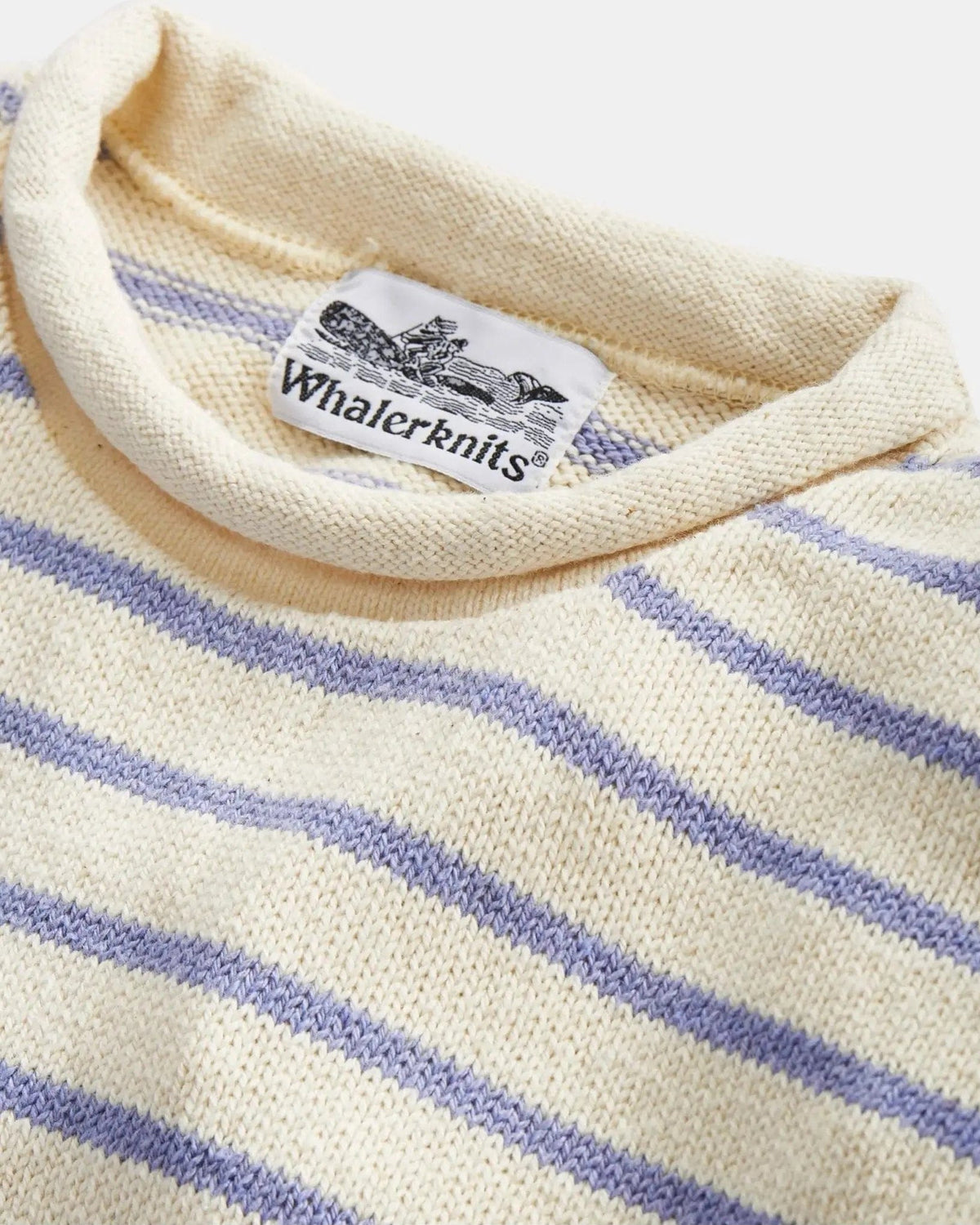 Whalerknits Nantucket Rollneck Sweater: Close-up of the natural and blue striped rolled neckline, knit texture and label.