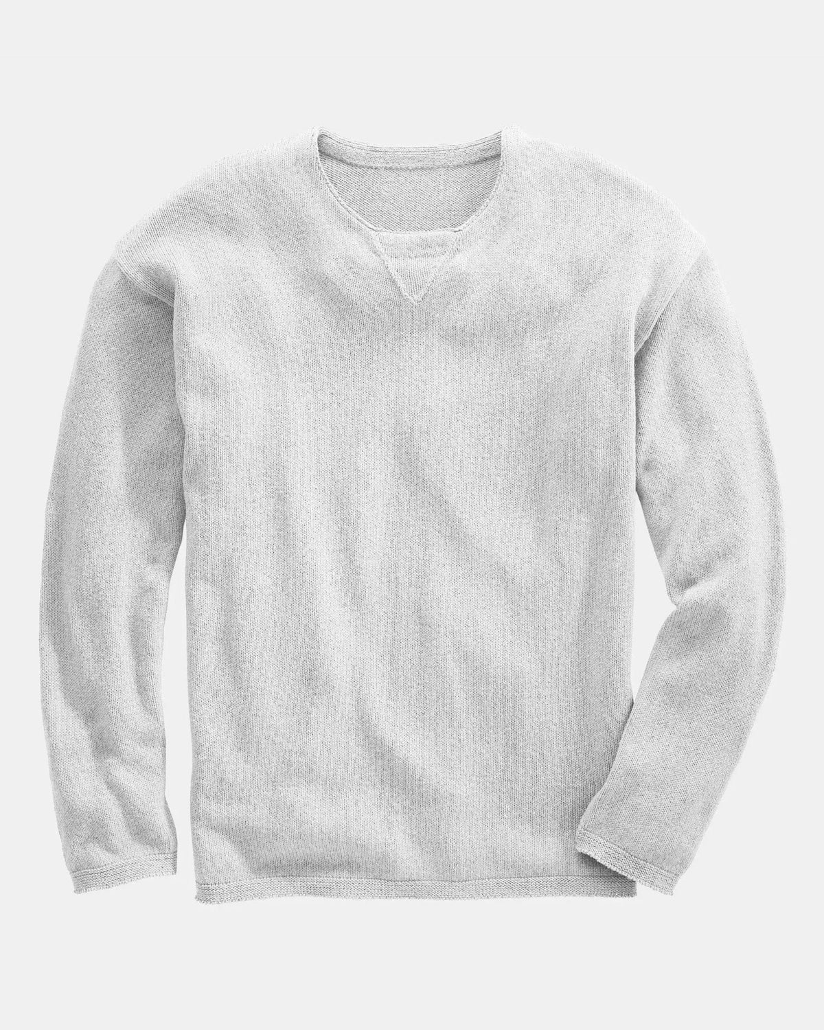 Whalerknits Chatham Jersey Sweatshirt Pullover: Light gray pullover laid flat, showing the crew neckline and triangular neck detail. #Color_Aluminum