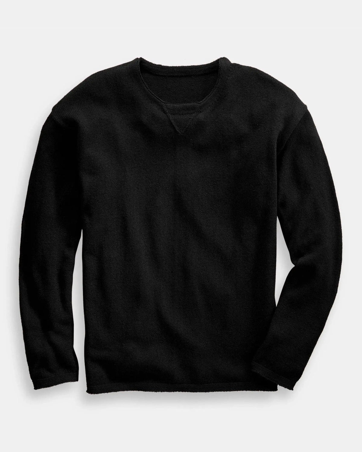 Whalerknits Chatham Jersey Sweatshirt Pullover: Black pullover laid flat, showing the long sleeves and triangular neck detail. #Color_Black