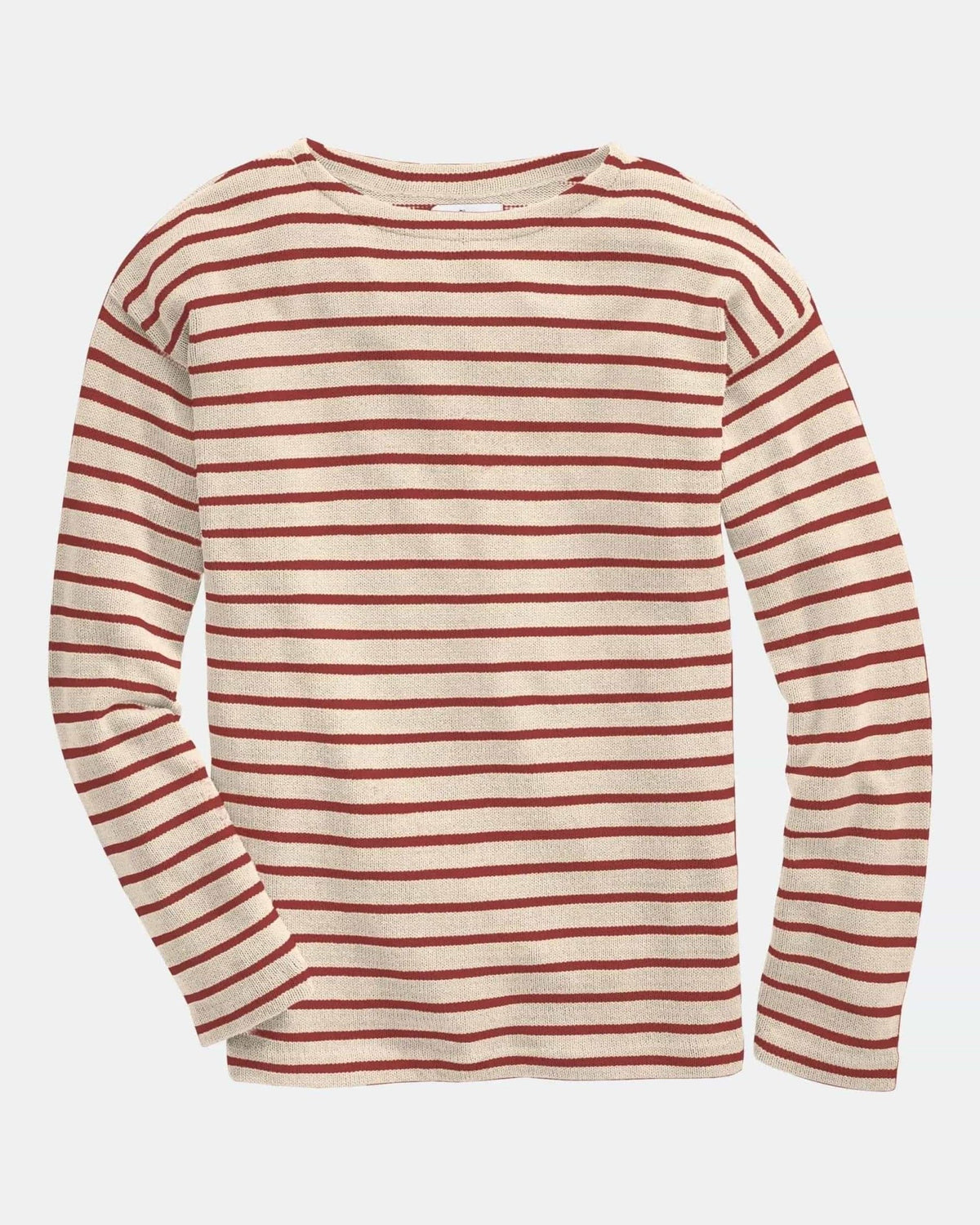 Whalerknits Nantucket Classic Boatneck Sweater: Alternate flat view of the natural and red striped sweater with its long sleeves extended. #Color_Natural / Nantucket Red