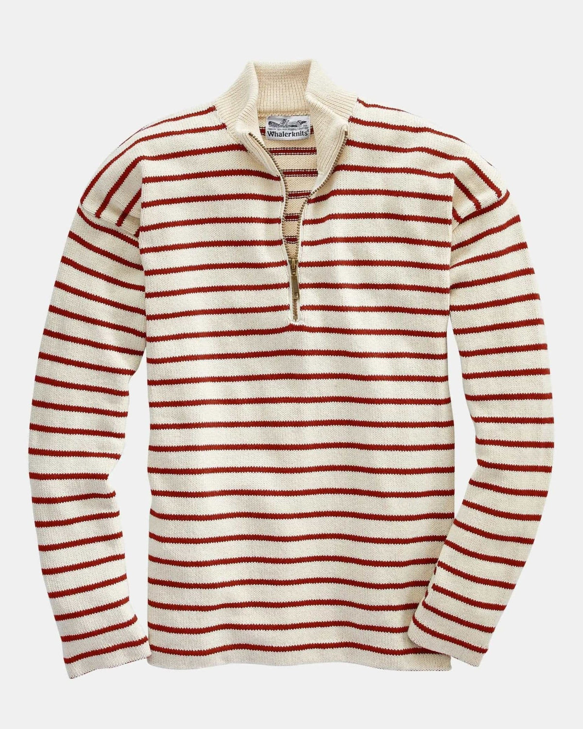 Whalerknits Nantucket Classic 1/4 Zip Sweater: Natural sweater with red stripes laid flat, showing the quarter zip and stand collar. #Color_Natural / Nantucket Red