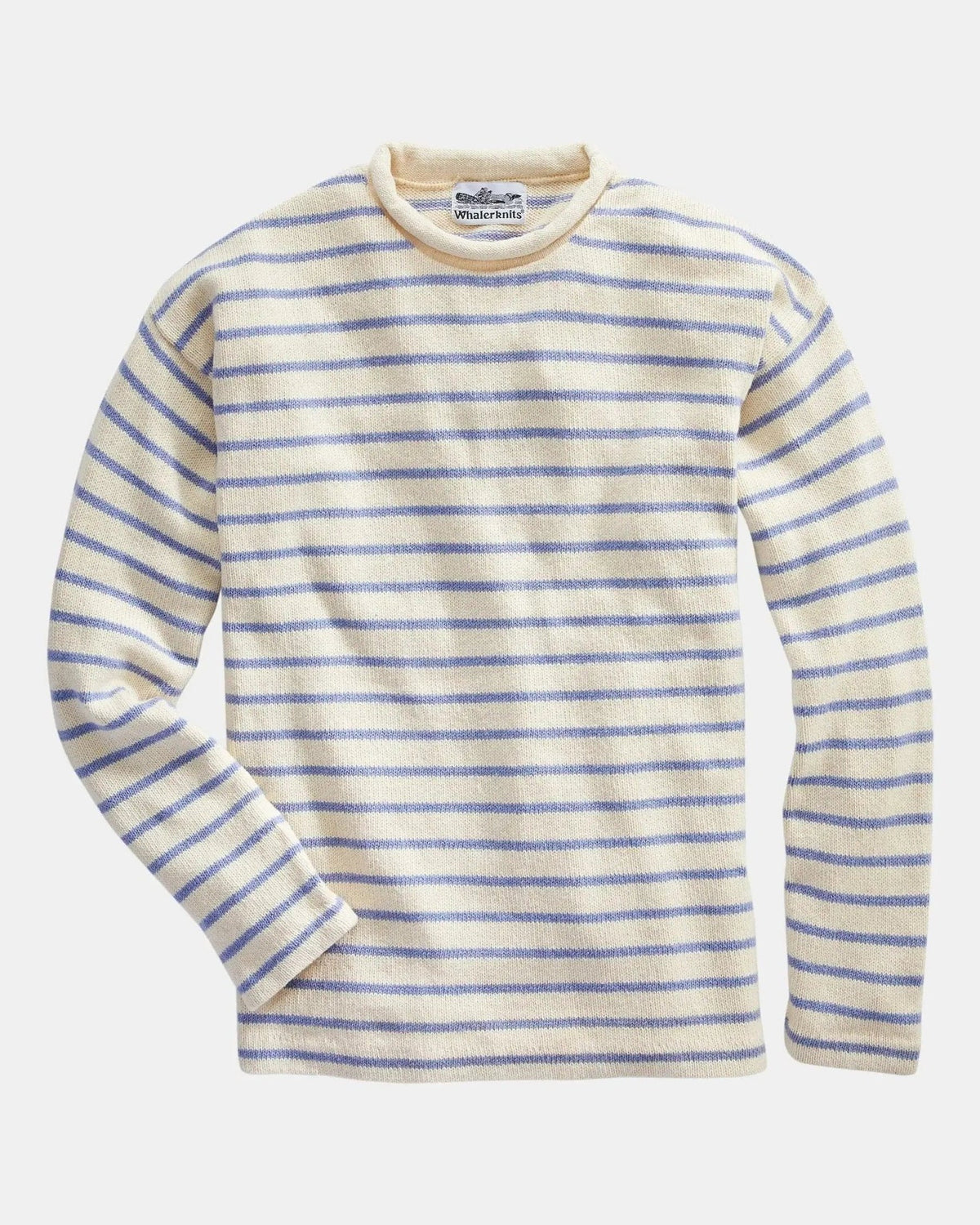 Whalerknits Nantucket Rollneck Sweater: Alternate flat view of the natural and blue striped sweater, with one sleeve bent inward.