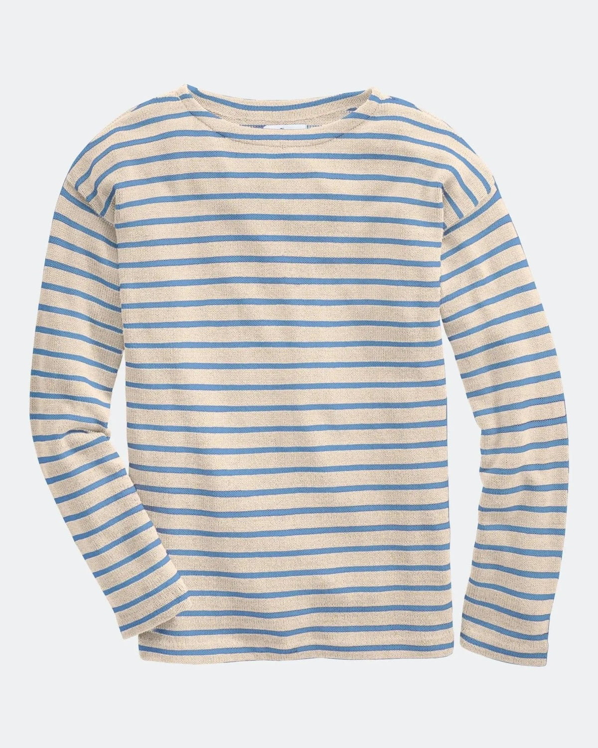 Whalerknits Nantucket Classic Boatneck Sweater: Natural sweater with blue stripes laid flat, showing its boat neckline and long sleeves. #Color_Natural / Sky