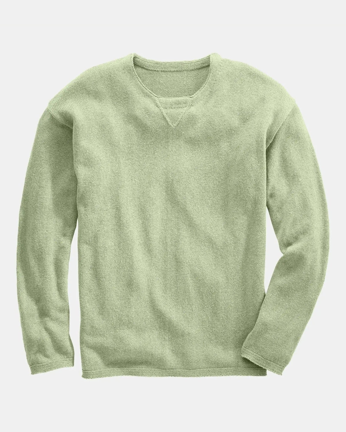 Whalerknits Chatham Jersey Sweatshirt Pullover: Light green pullover laid flat, showing the neckline, long sleeves and hem. #Color_Seafoam