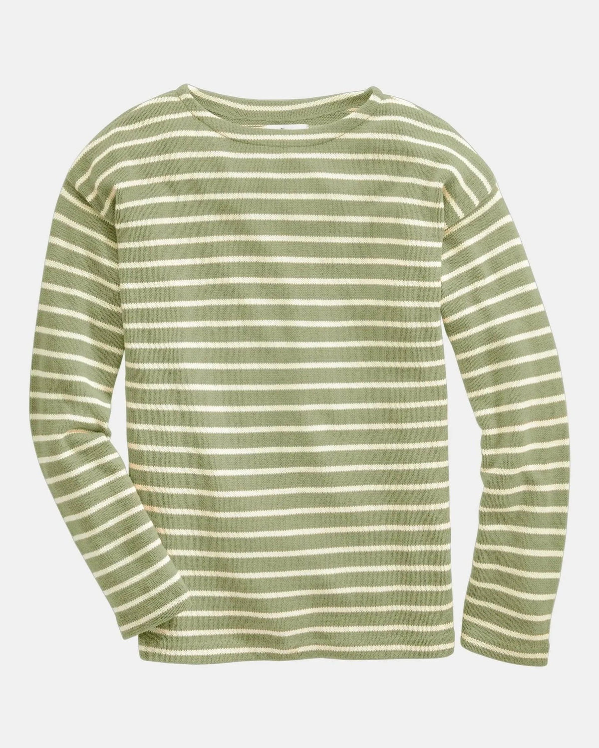 Whalerknits Nantucket Classic Boatneck Sweater: Green sweater with natural stripes laid flat with one sleeve bent inward. #Color_Seafoam / Natural