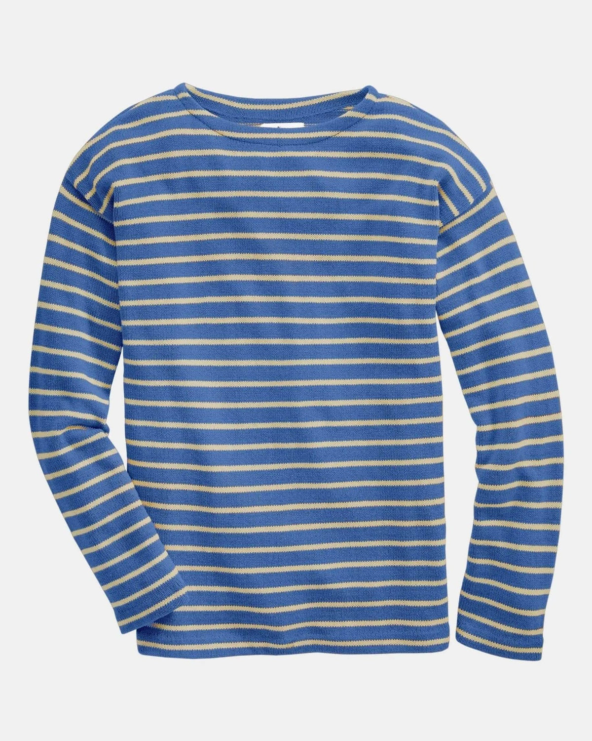 Whalerknits Nantucket Classic Boatneck Sweater: Blue sweater with natural stripes laid flat with long sleeves and a boat neckline. #Color_Sky / Natural