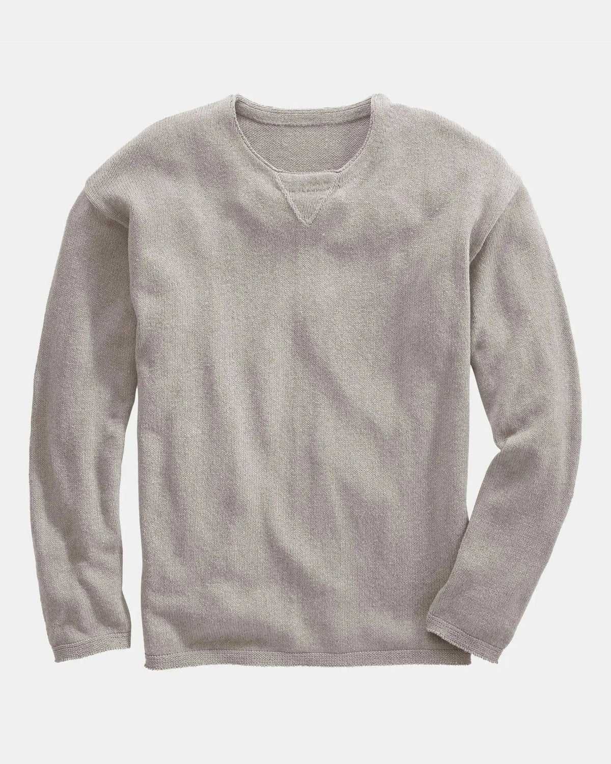 Whalerknits Chatham Jersey Sweatshirt Pullover: Taupe pullover laid flat with long sleeves and a triangular neck detail. #Color_Linen
