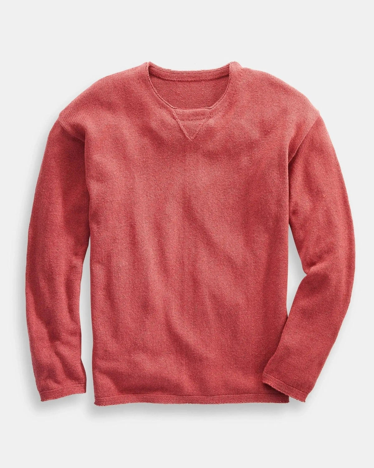 Whalerknits Chatham Jersey Sweatshirt Pullover: Nantucket Red pullover laid flat, showing its crew neckline and triangular neck detail. #Color_Nantucket Red