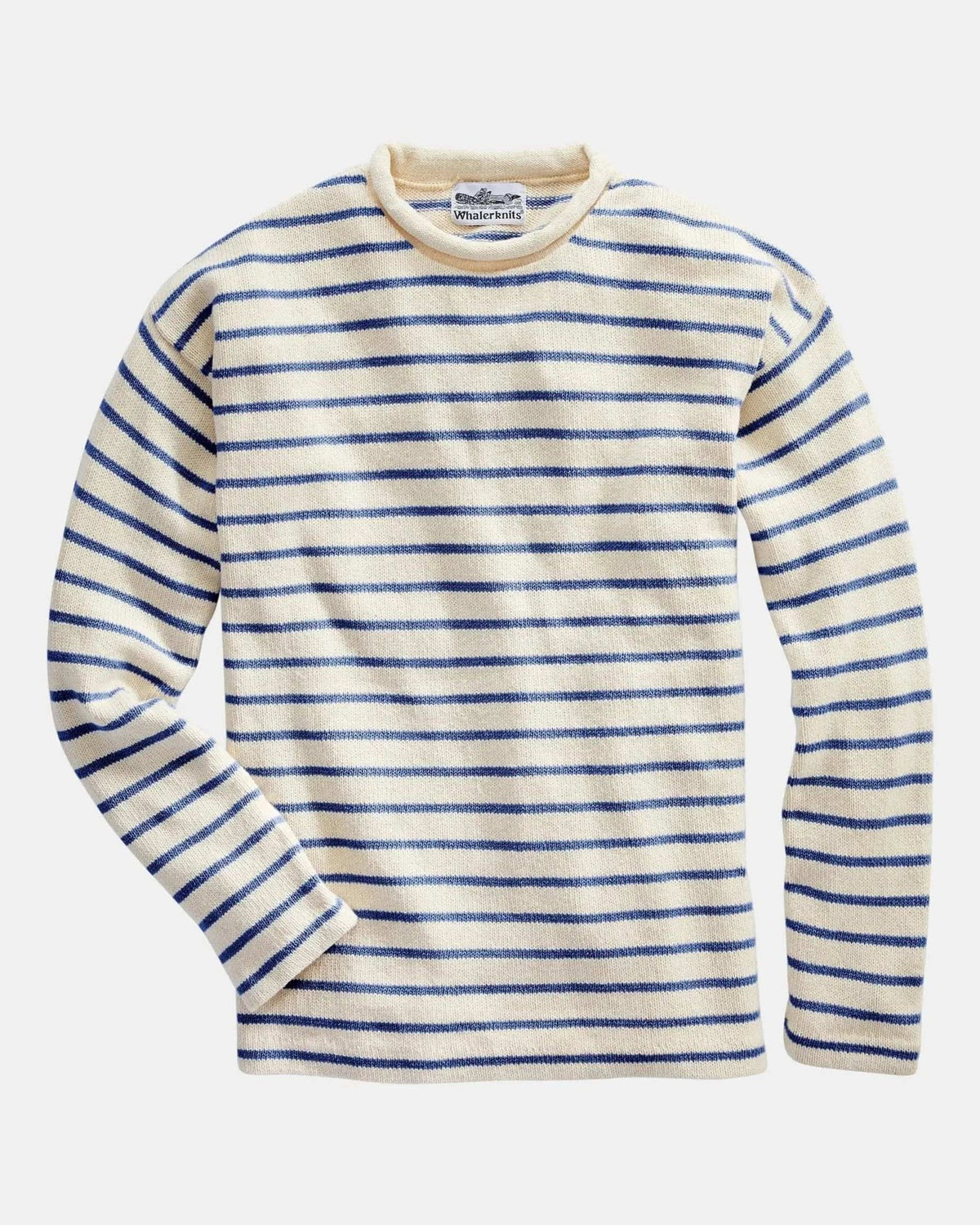 Whalerknits Nantucket Rollneck Sweater: Natural sweater with blue stripes laid flat, showing the rolled neckline and long sleeves.
