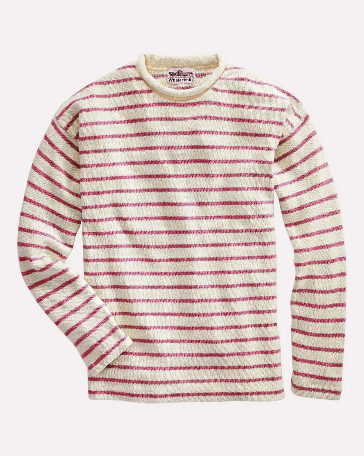 Whalerknits Nantucket Rollneck Sweater: Natural sweater with red stripes laid flat, showing its rolled neckline and long sleeves. #Color_Natural / Nantucket Red