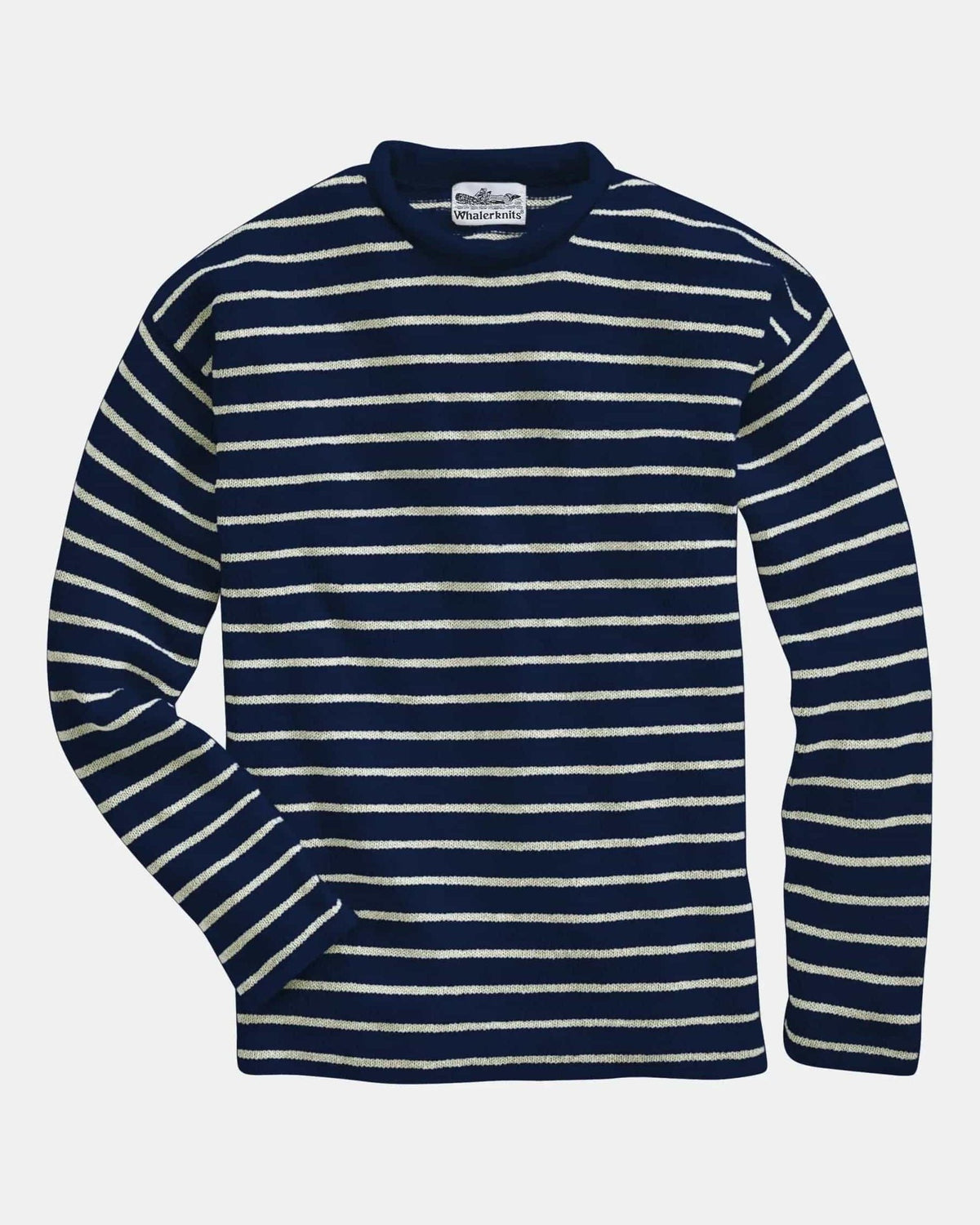 Whalerknits Nantucket Rollneck Sweater: Navy sweater with natural stripes laid flat, showing its rolled neckline and long sleeves. #Color_Navy / Natural