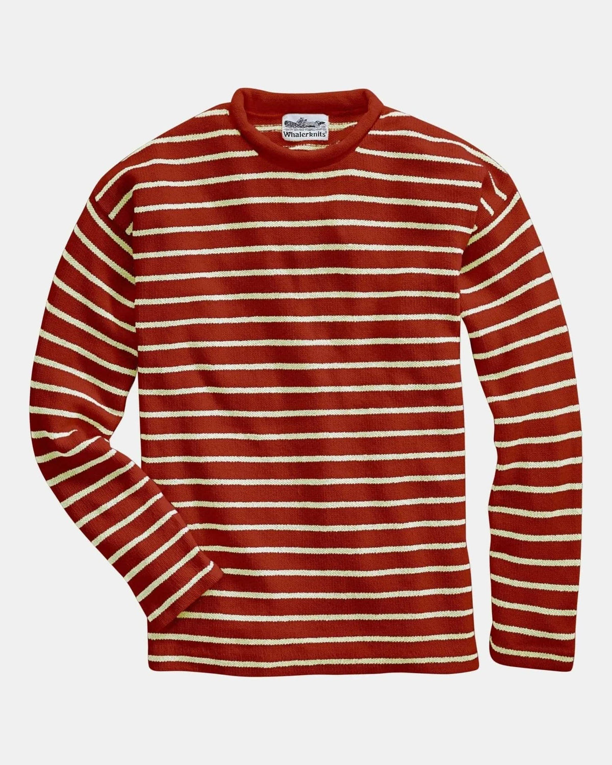 Whalerknits Nantucket Rollneck Sweater: Red sweater with natural stripes laid flat with one sleeve angled inward. #Color_Nantucket Red / Natural