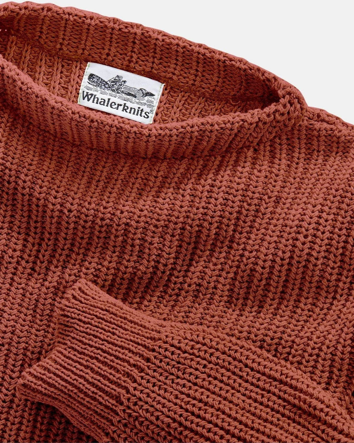 Whalerknits Newport Shaker Boatneck Sweater: Close-up of the Nantucket Red neckline, ribbed cuff and Whalerknits label.