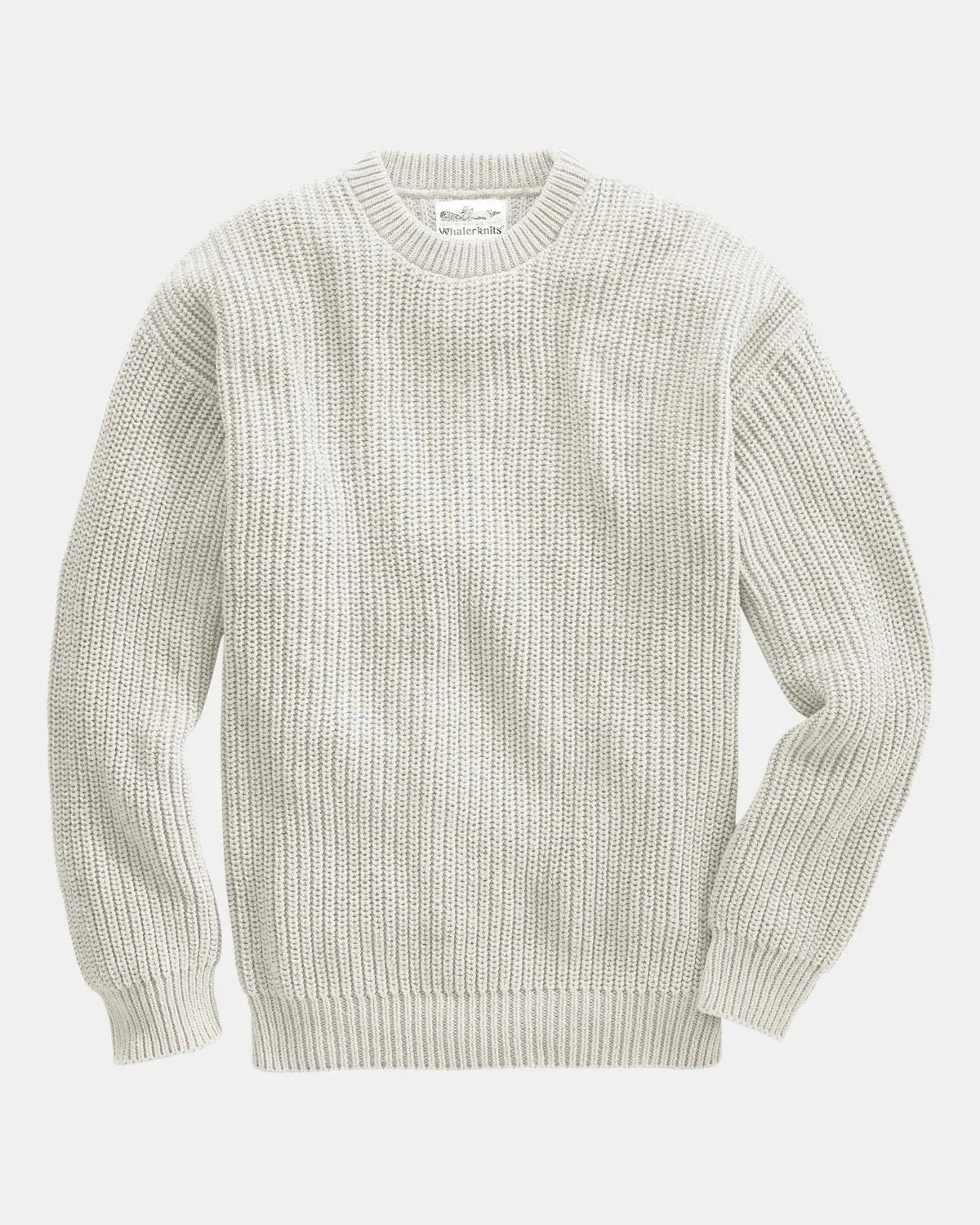 Whalerknits Newport Shaker Knit Crewneck Sweater: Light natural-colored sweater laid flat with long sleeves and ribbed edges.