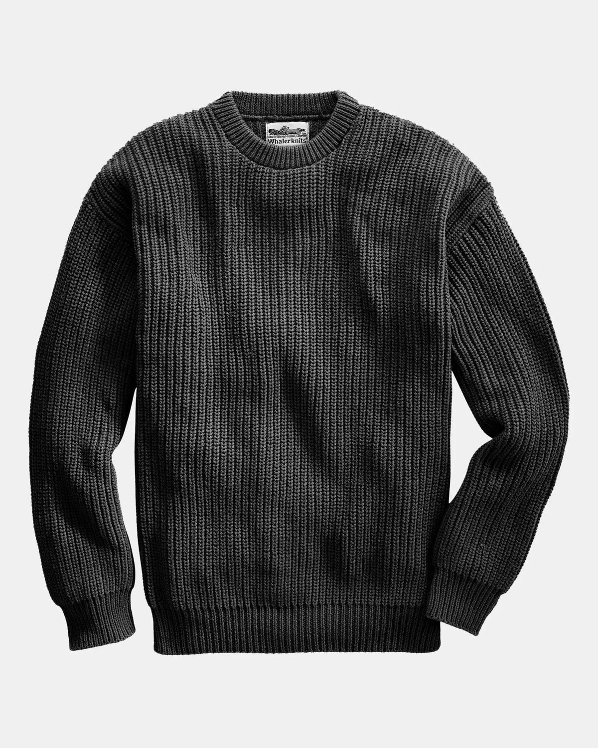 Whalerknits Newport Shaker Knit Crewneck Sweater: Black sweater laid flat, showing the crew neckline, long sleeves and ribbed hem. #Color_Black
