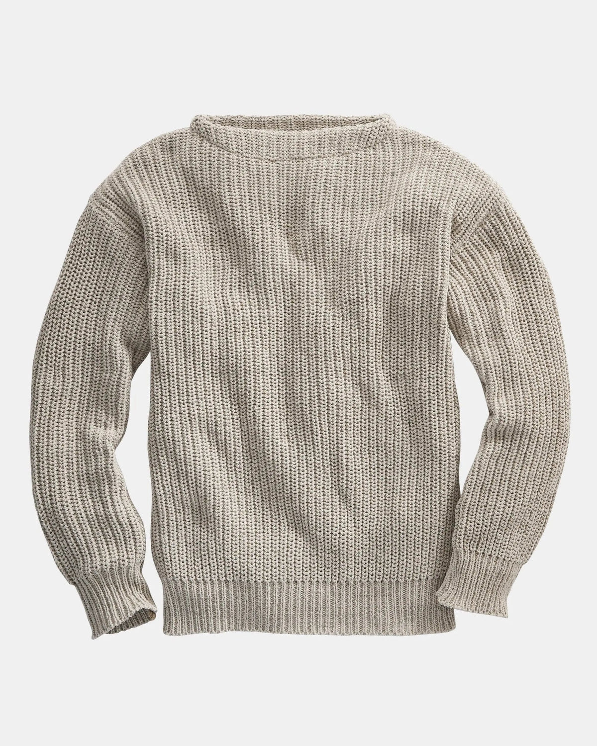 Whalerknits Newport Shaker Boatneck Sweater: Taupe sweater laid flat, showing its boat neckline and long sleeves. #Color_Linen