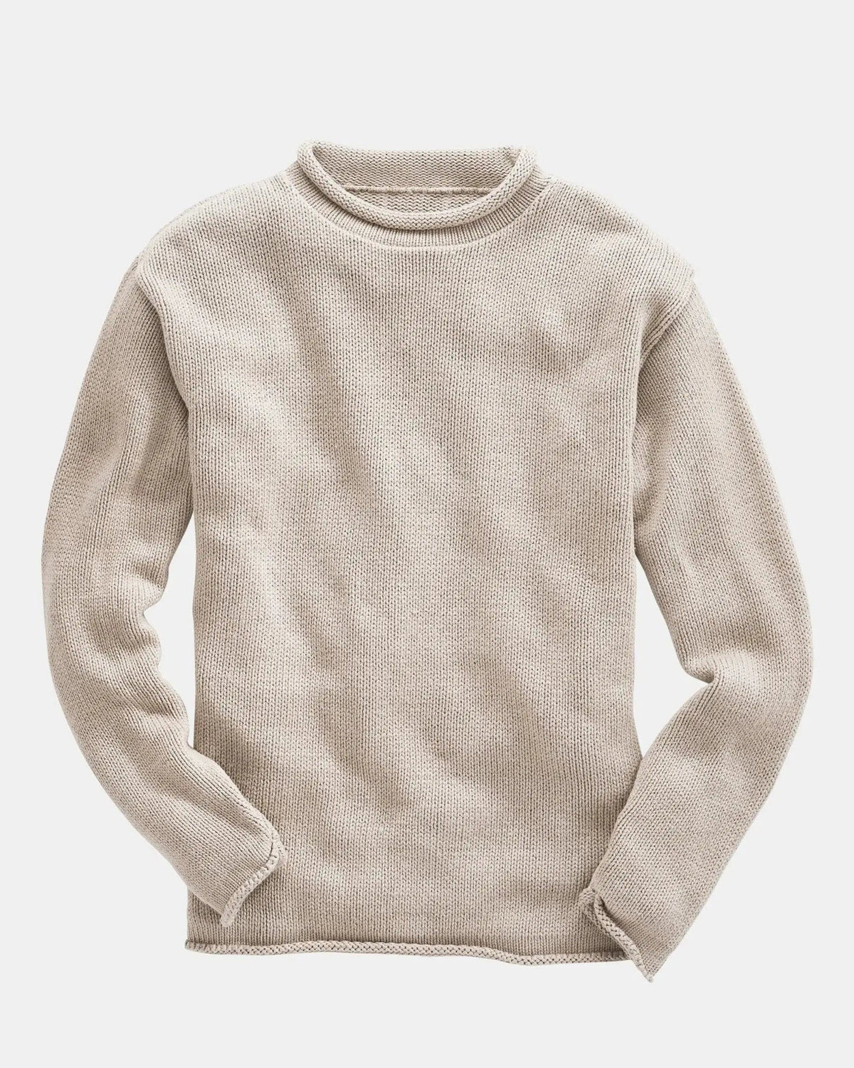 Whalerknits Wellfleet Rollneck Sweater: Linen sweater laid flat, showing its rolled neckline and long sleeves. #Color_Linen