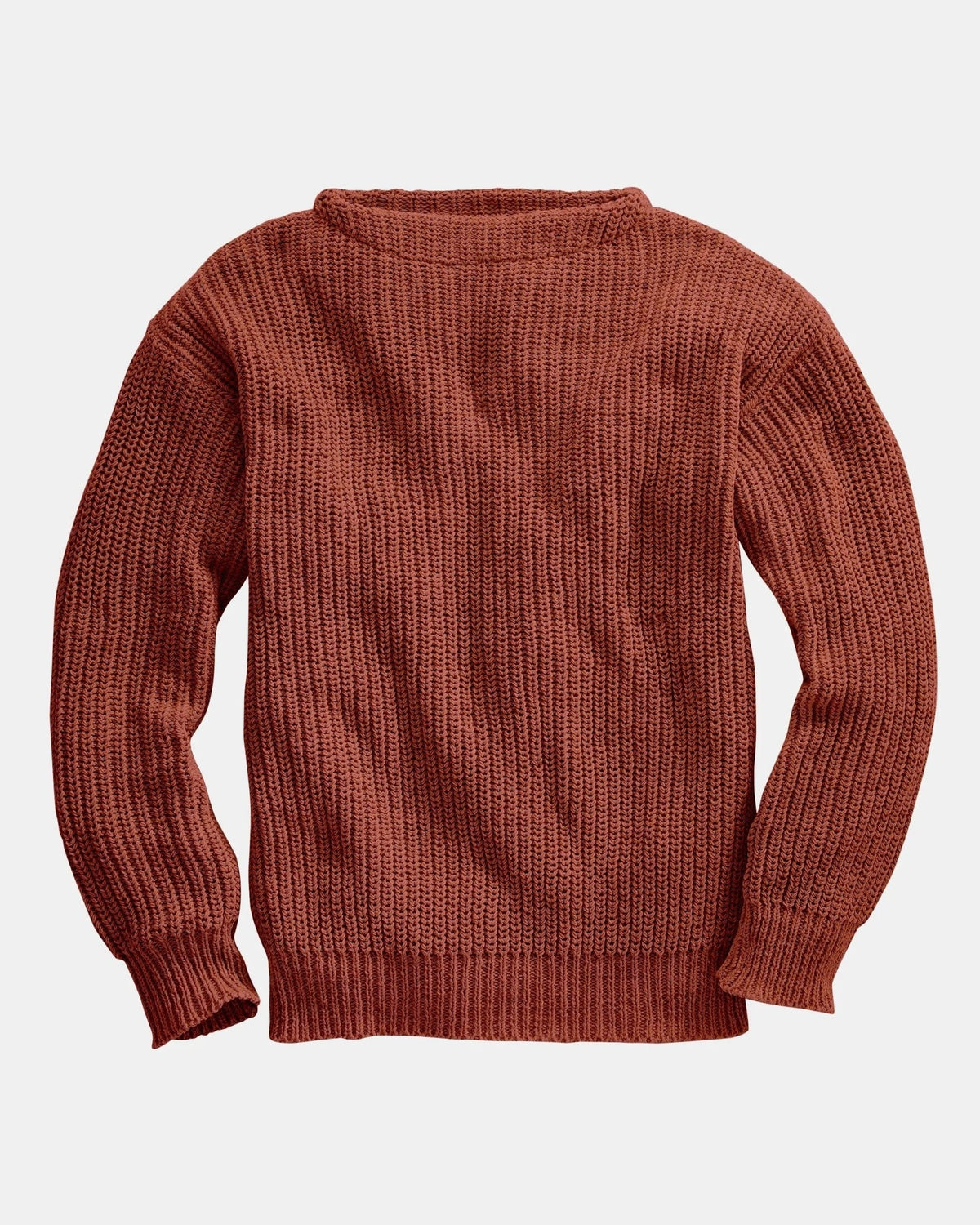 Whalerknits Newport Shaker Boatneck Sweater: Nantucket Red sweater laid flat, showing its boat neckline and shaker-knit ribs. #Color_Nantucket Red