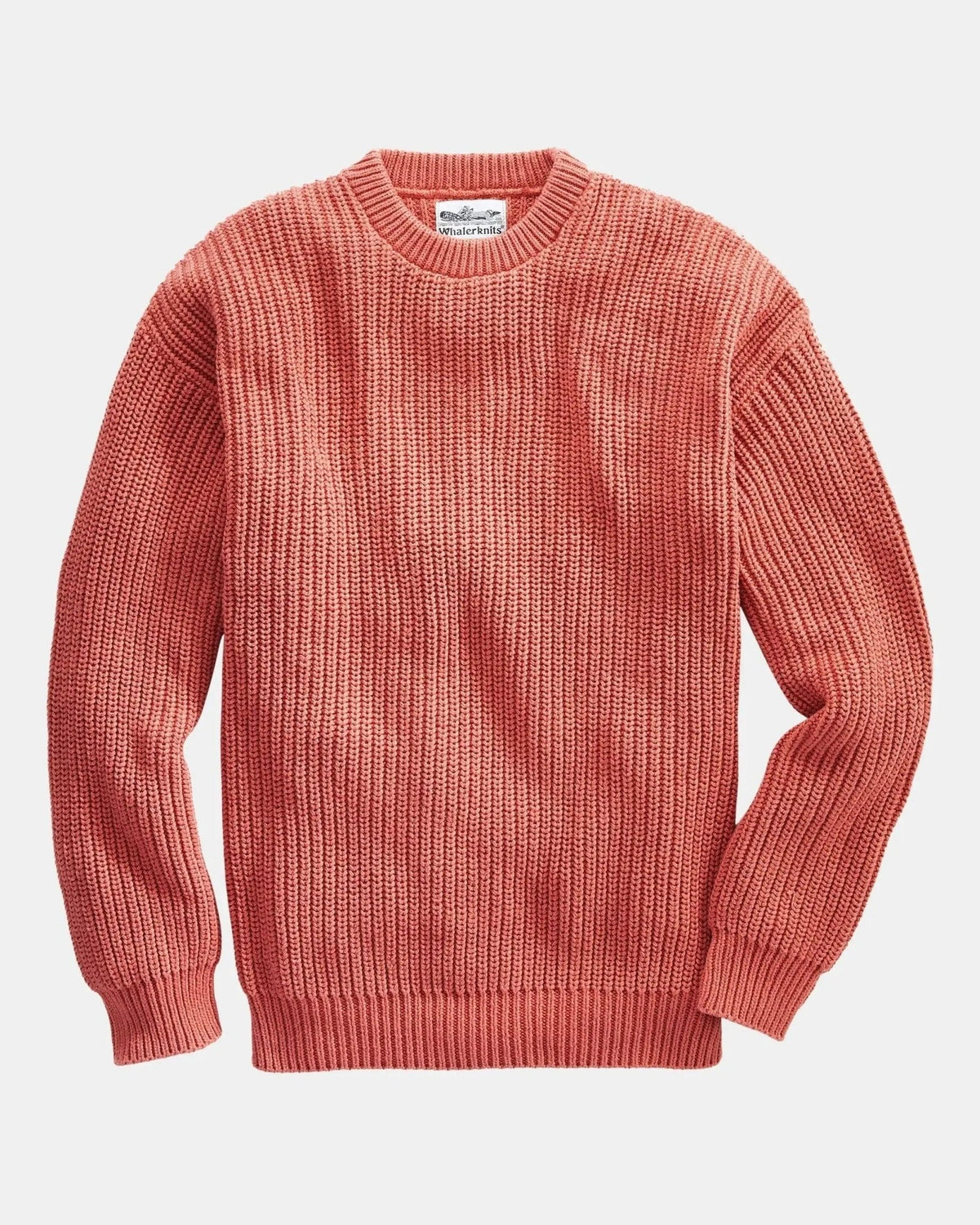 Whalerknits Newport Shaker Knit Crewneck Sweater: Nantucket Red sweater laid flat, showing the crew neckline and ribbed edges. #Color_Nantucket Red