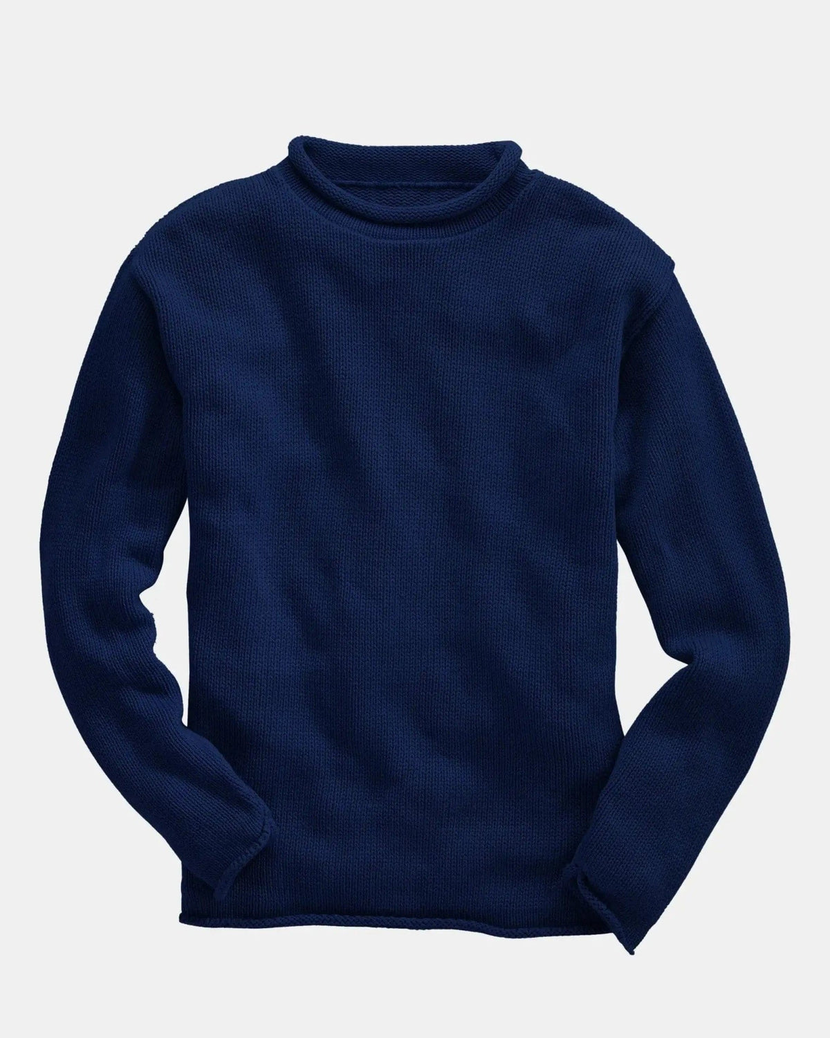 Whalerknits Wellfleet Rollneck Sweater: Navy sweater laid flat, showing its rolled neckline, long sleeves and rolled hem. #Color_Navy